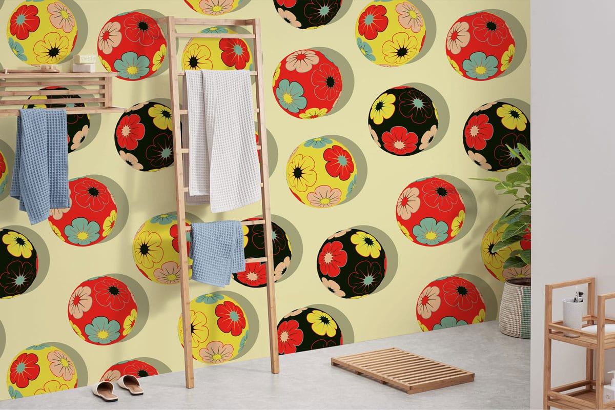 Wallpaper mural featuring colourful embroidery balls, perfect for use as bathroom decor.