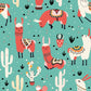 Sheep and cacti on a mural wallpaper with a colourful green background.