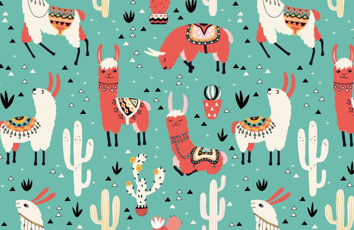 Sheep and cacti on a mural wallpaper with a colourful green background.