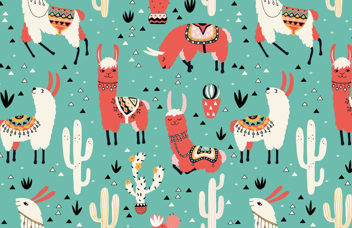 Colorful Boho Llama Kids Wallpaper Mural