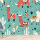 Wallpaper painting with a colourful green background including sheep and cacti