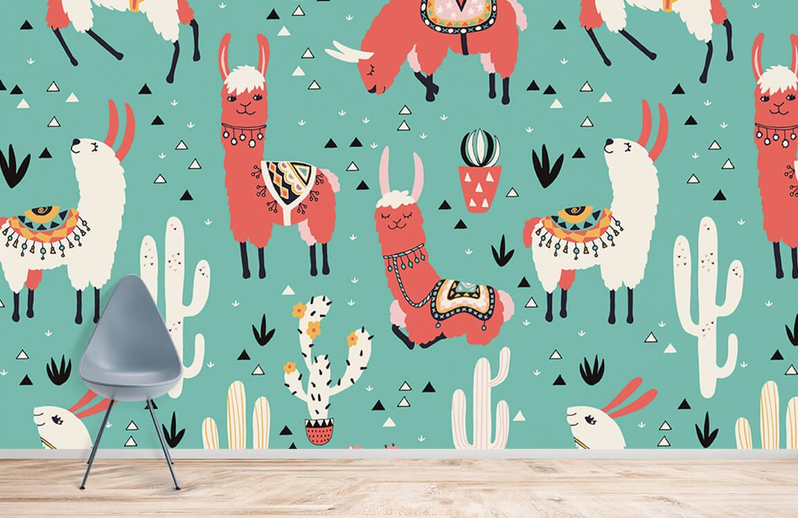 Wallpaper painting with a colourful green background including sheep and cacti