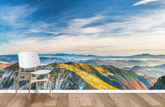 Wallpaper mural featuring colourful hills for use in interior design.