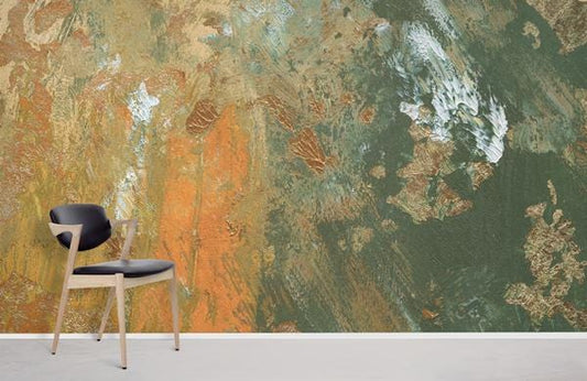 Abstract Gold Green Brushstroke Mural Wallpaper