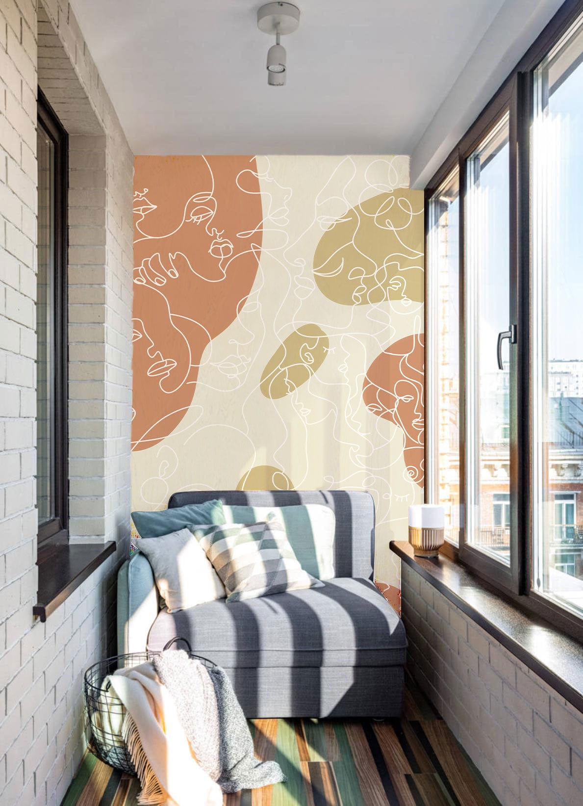A Wall Mural Featuring Lines of Colorful Abstract Portraits That Can Be Utilized in the Decorating of a Balcony