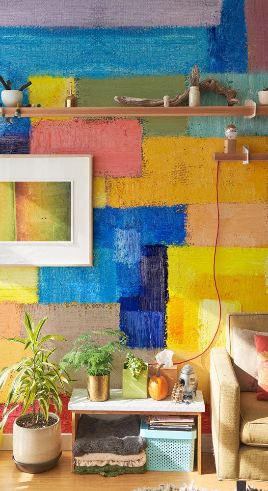 Paint and Wallpaper Mural with Vibrant Squares and Rectangles for the Hallway Decoration
