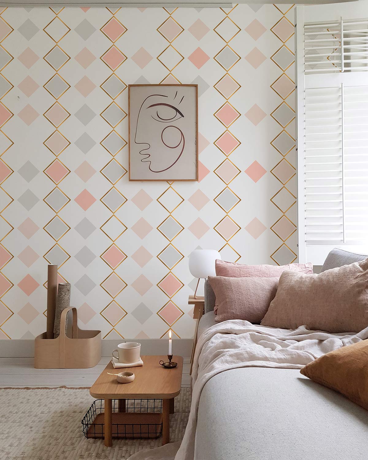Wall murals in the living room including pastel rhombuses and geometric designs