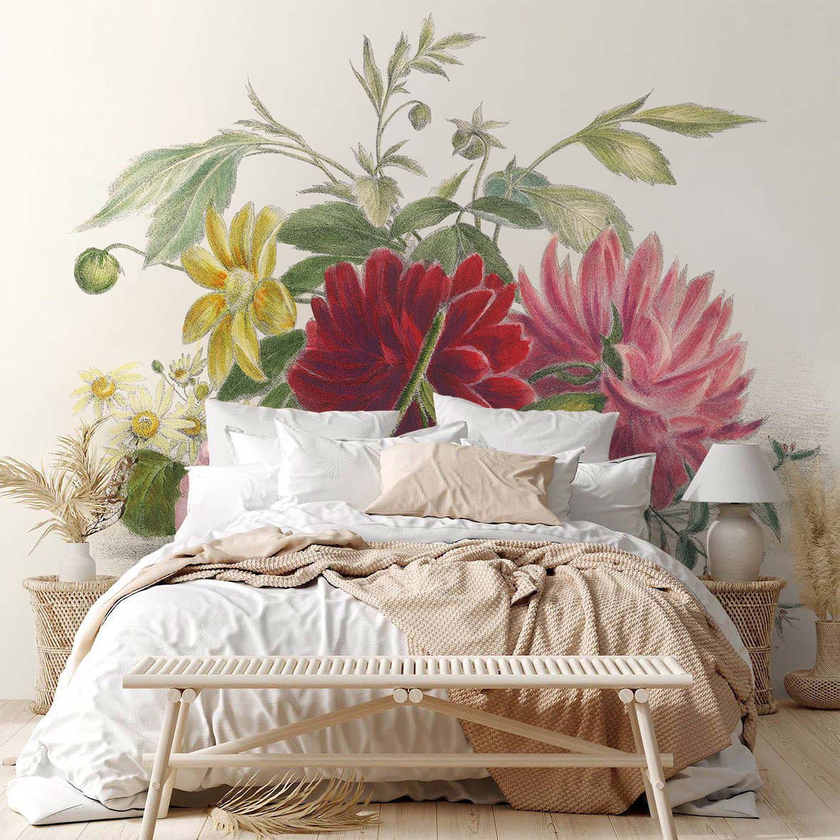 Colourful Painting Blossom Floral Mural Bedroom