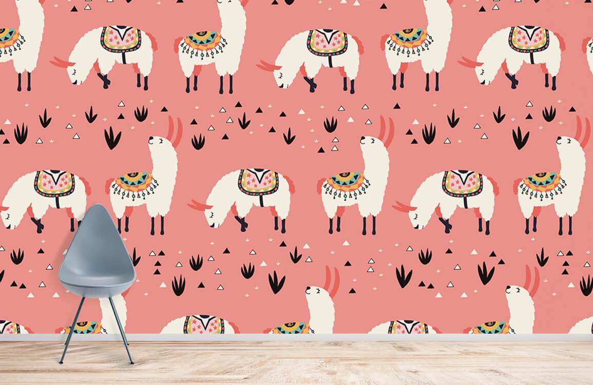 Wallpaper mural for home decoration with a colourful scene of white sheep grazing on grass.