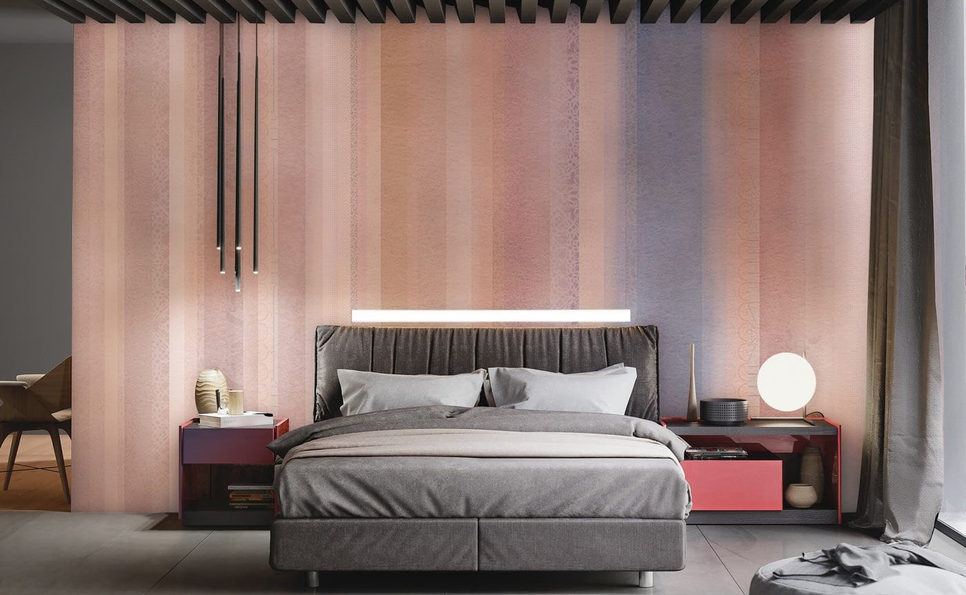 Mural wallpaper with colour and texture for use in decorating a bedroom