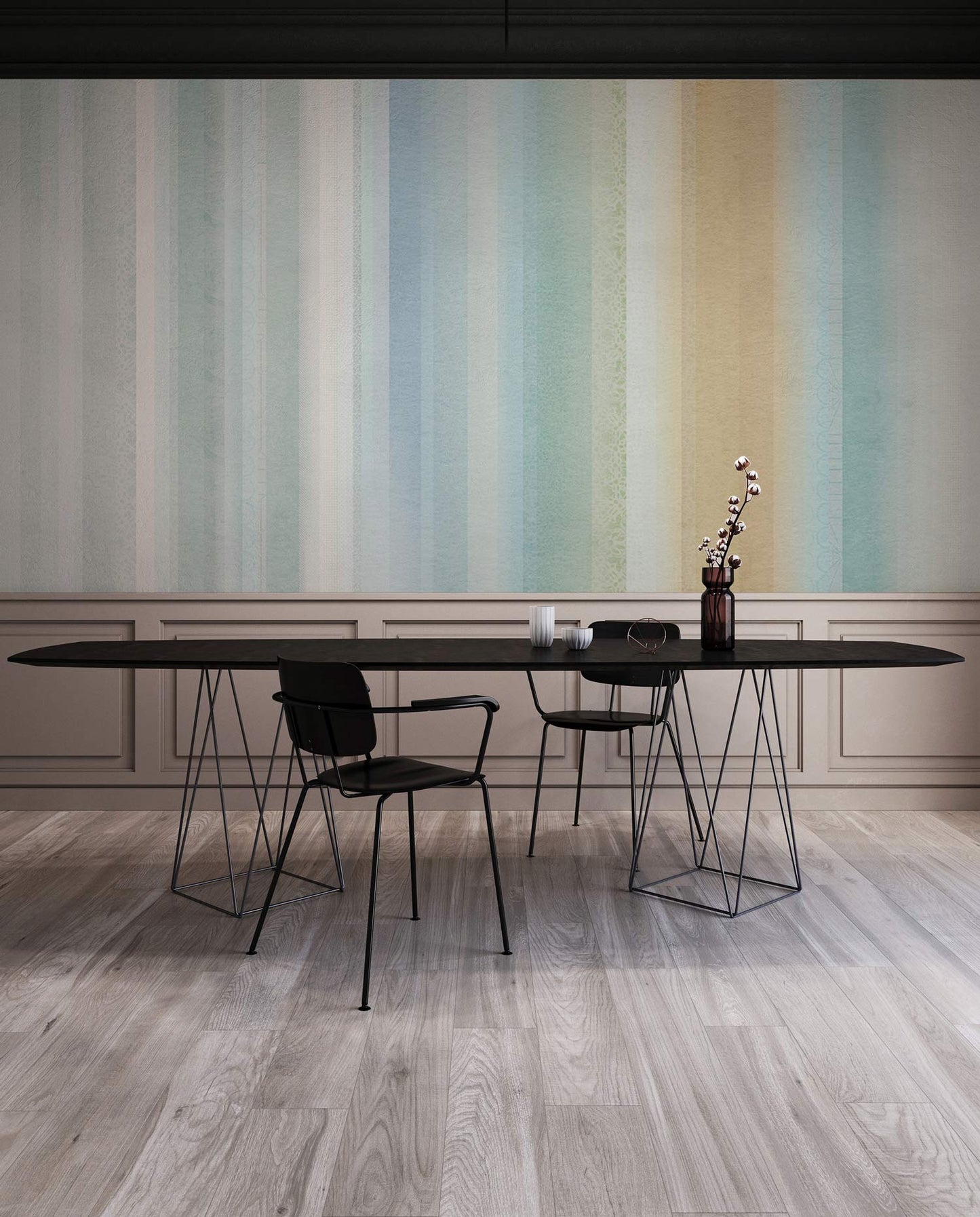 Wallpaper mural with colour and texture stripes for the dining room's decor