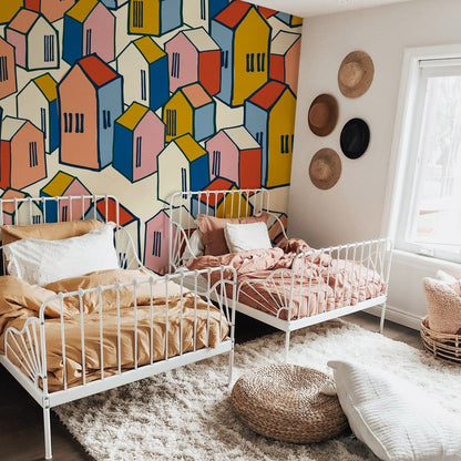 Wallpaper mural with a coloured house pattern for use as a bedroom decoration