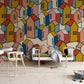 Wallpaper mural with a coloured house pattern for use in decorating a study room