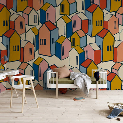 Wallpaper mural with a coloured house pattern for use in decorating a study room