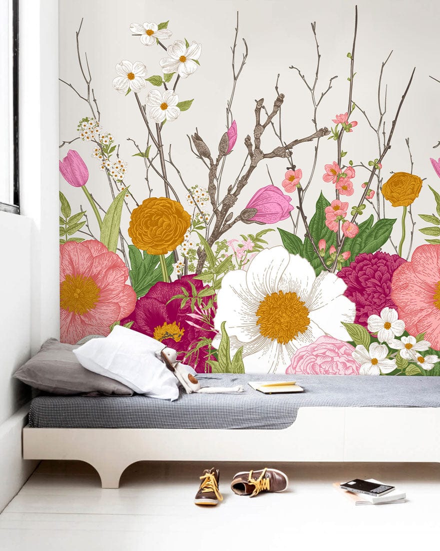 Wallpaper mural with colorful flowers blooming on the floor, perfect for decorating a bedroom