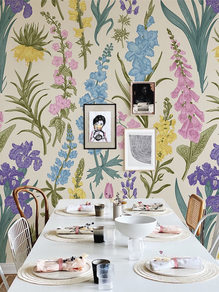 Wallpaper mural featuring colorful lavender flowers, perfect for decorating the dining room.