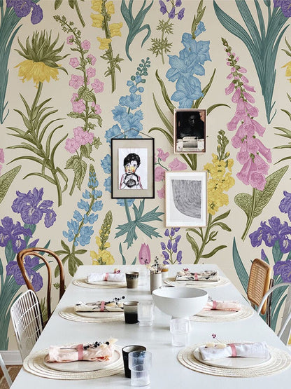Wallpaper mural featuring colorful lavender flowers, perfect for decorating the dining room.