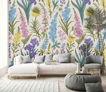 Wallpaper mural featuring colorful lavender flowers, perfect for decorating the living room