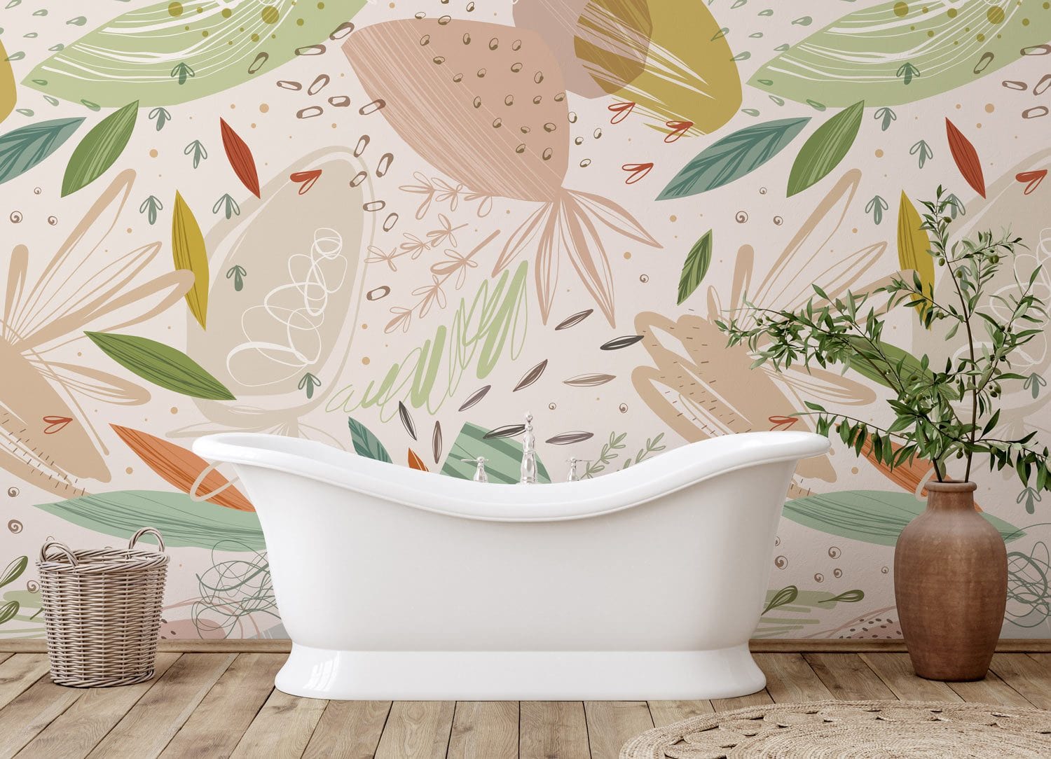 Wallpaper mural with an abstract plant pattern, perfect for decorating a bathroom.