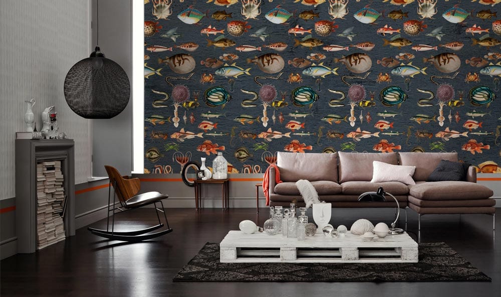 multi-coloured repeat pattern of different species fishes living room style