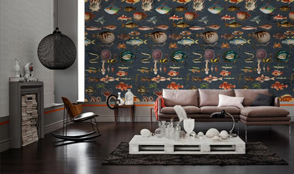 multi-coloured repeat pattern of different species fishes living room style