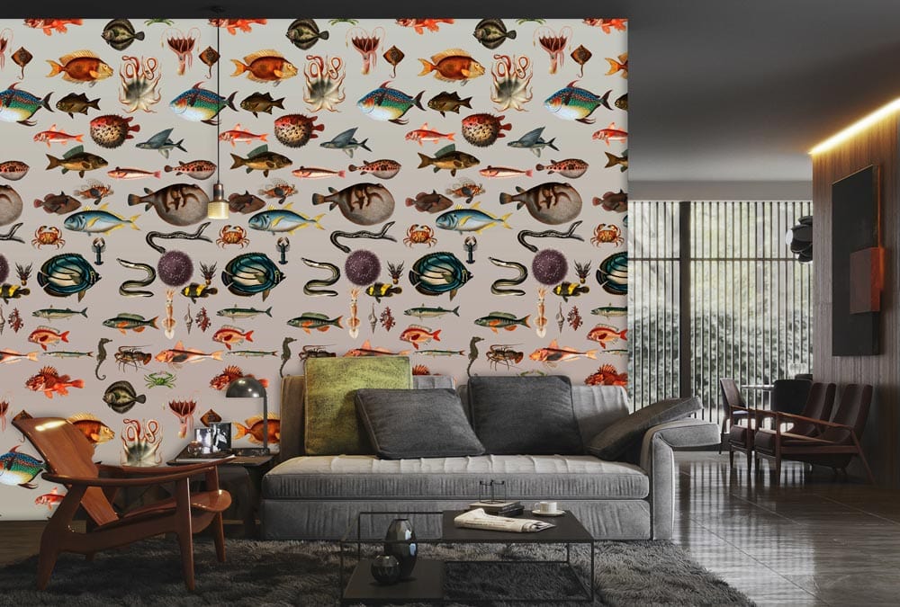 attractive ocean fishes in bright colours living room wallpaper mural