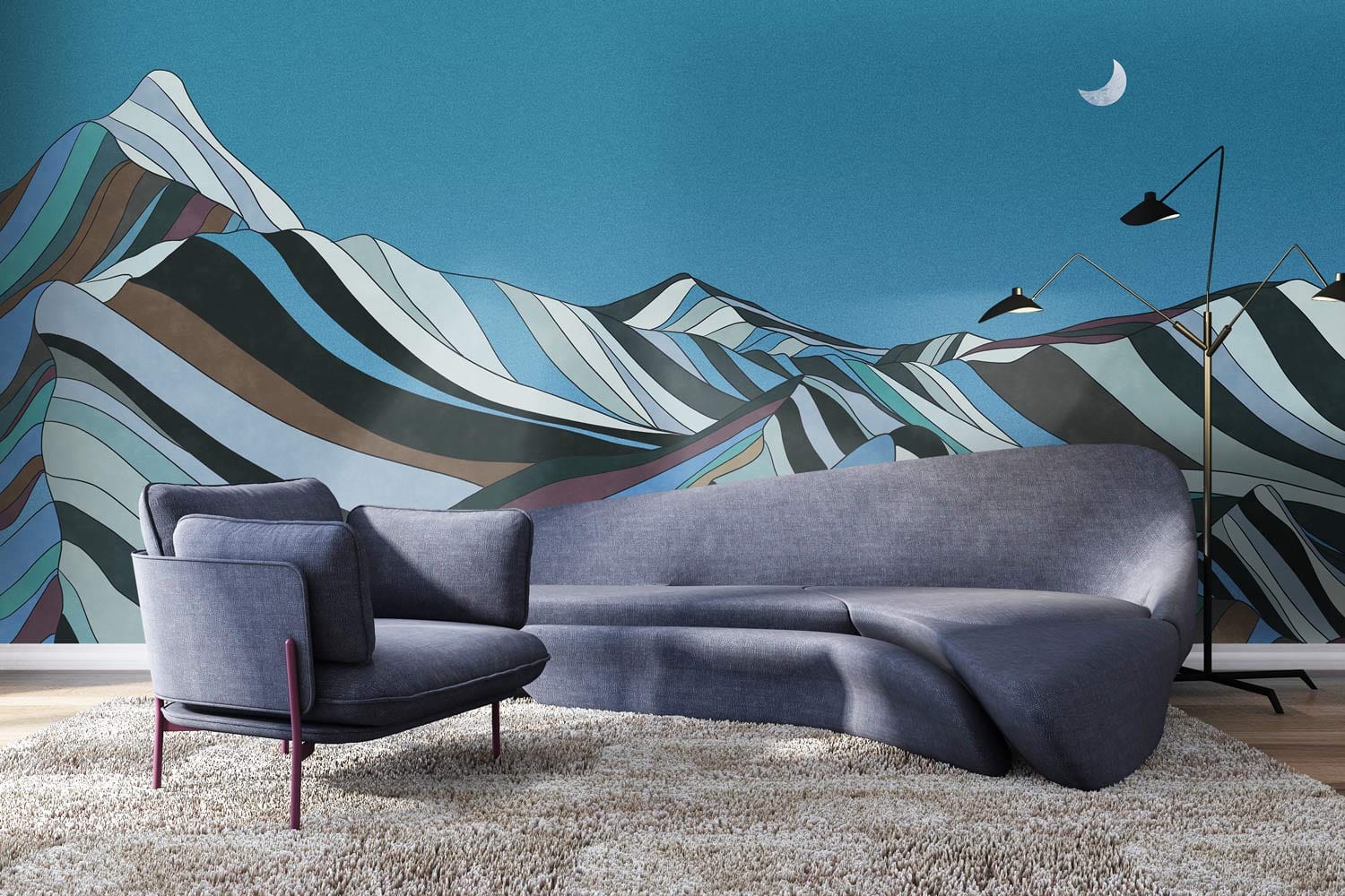 Colourful Mountain Blue Wallpaper Art Decor 