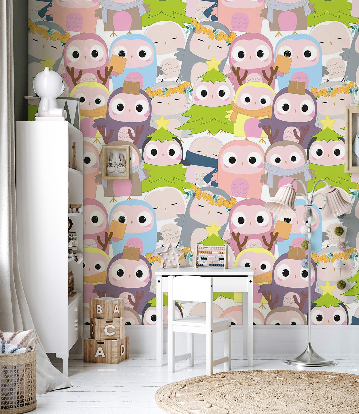 unique kid's room wallpaper mural, a design of cartoon owl patterns