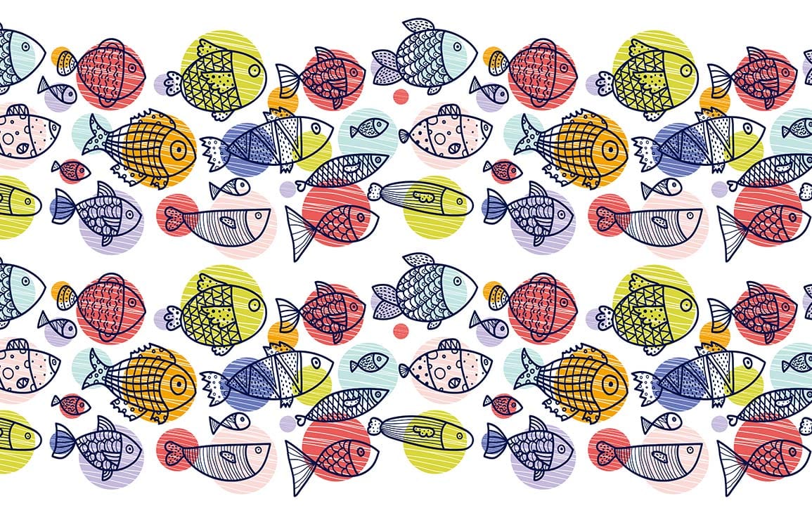 Colorful Hand-Drawn Fish Mural Wallpaper