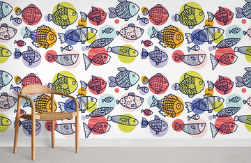 Colorful Hand-Drawn Fish Mural Wallpaper
