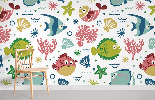 colorful sea fish world wall mural design