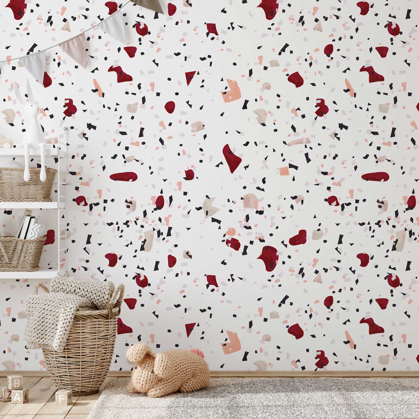 Wallpaper mural with a mixed chip and marble pattern for the hallway's decoration.