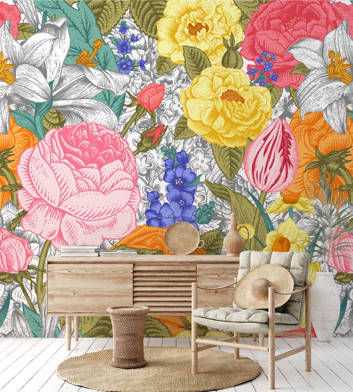 Hallway adornment featuring a colorful wallpaper mural of a tulip yard