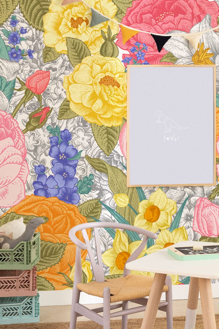 Wallpaper mural with a colorful tulip yard, perfect for use as a decoration in a nursery.