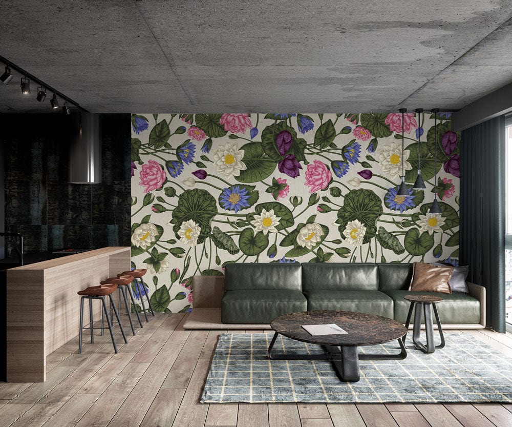 Decorate your living room with this colorful and vibrant Lotus wallpaper mural.