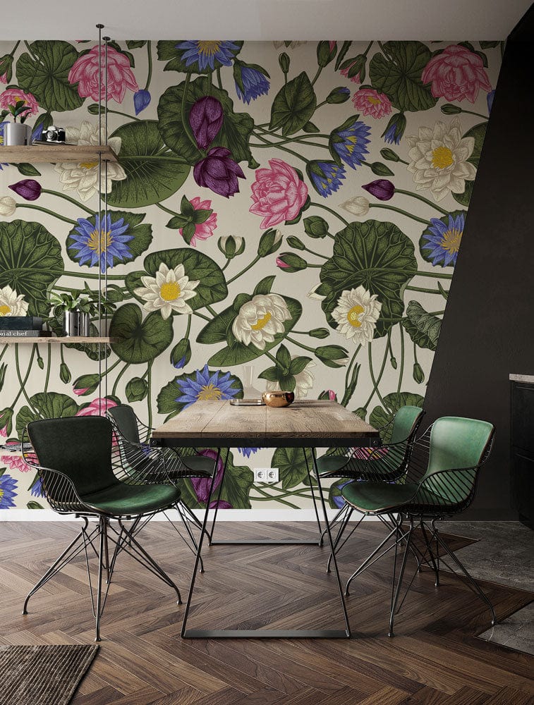 Wallpaper mural for room decoration featuring a colorful and vibrant lotus design.