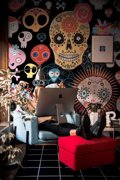 Colorful Skeleton Pattern Wallpaper Custom Interior Decoration