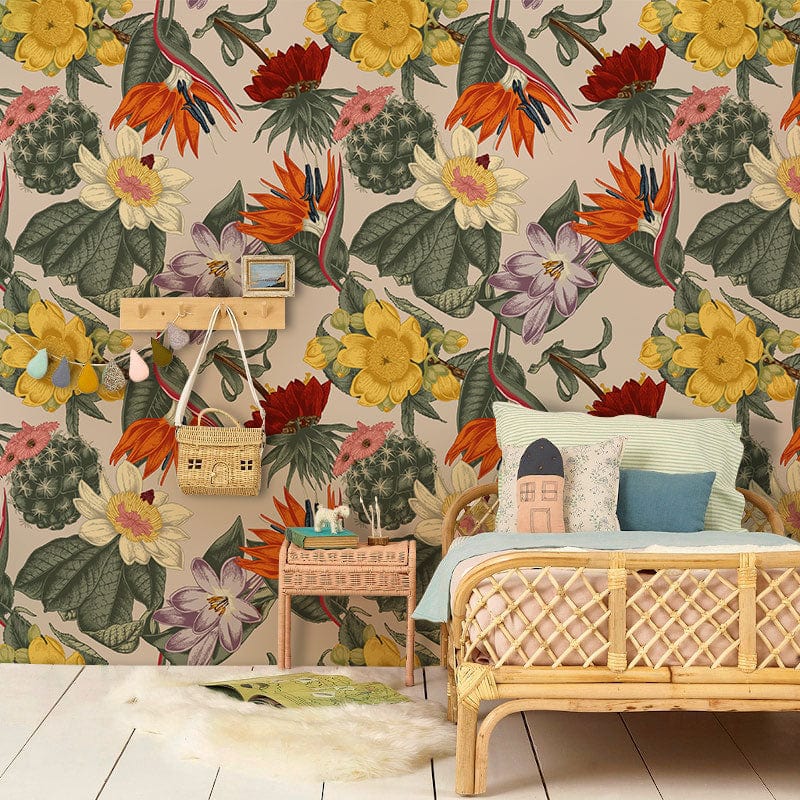 Wallpaper mural featuring colorful illustrations of wild bouquets, perfect for decorating a bedroom