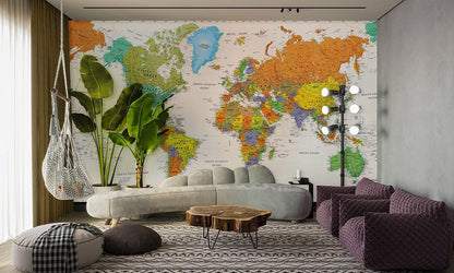Colorful World Map Wallpaper Mural in living room