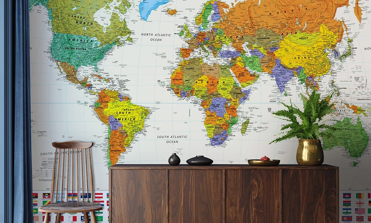 Colorful World Map Educational Mural for Wall