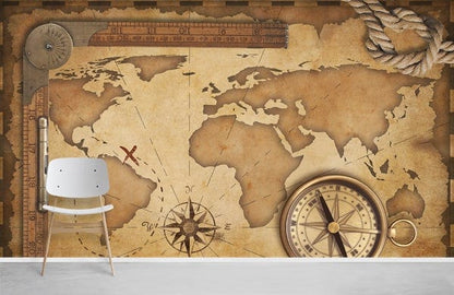 Vintage Nautical Compass World Map Mural Wallpaper in living room