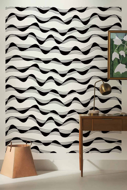 Modern Black White Wavy Mural Wallpaper in office