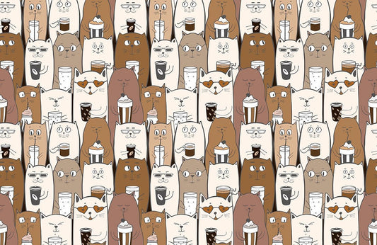 Whimsical Cat Coffee Pattern Mural Wallpaper