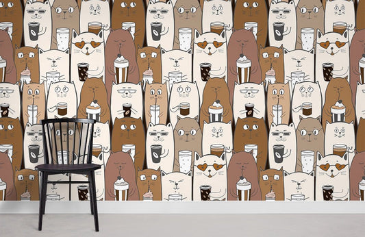 Whimsical Cat Coffee Pattern Mural Wallpaper