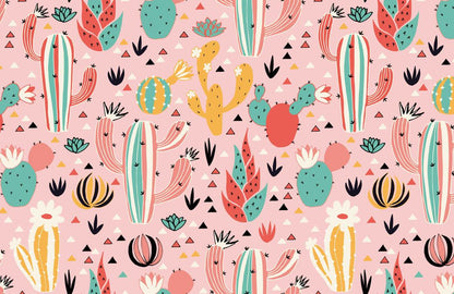 Wallpaper mural with a colourful cactus design in green and pink, perfect for decorating your home.