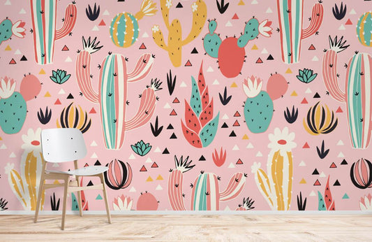 Cactus Wallpaper Mural with Cool Colorful Green and Pink Cacti for Home Decoration