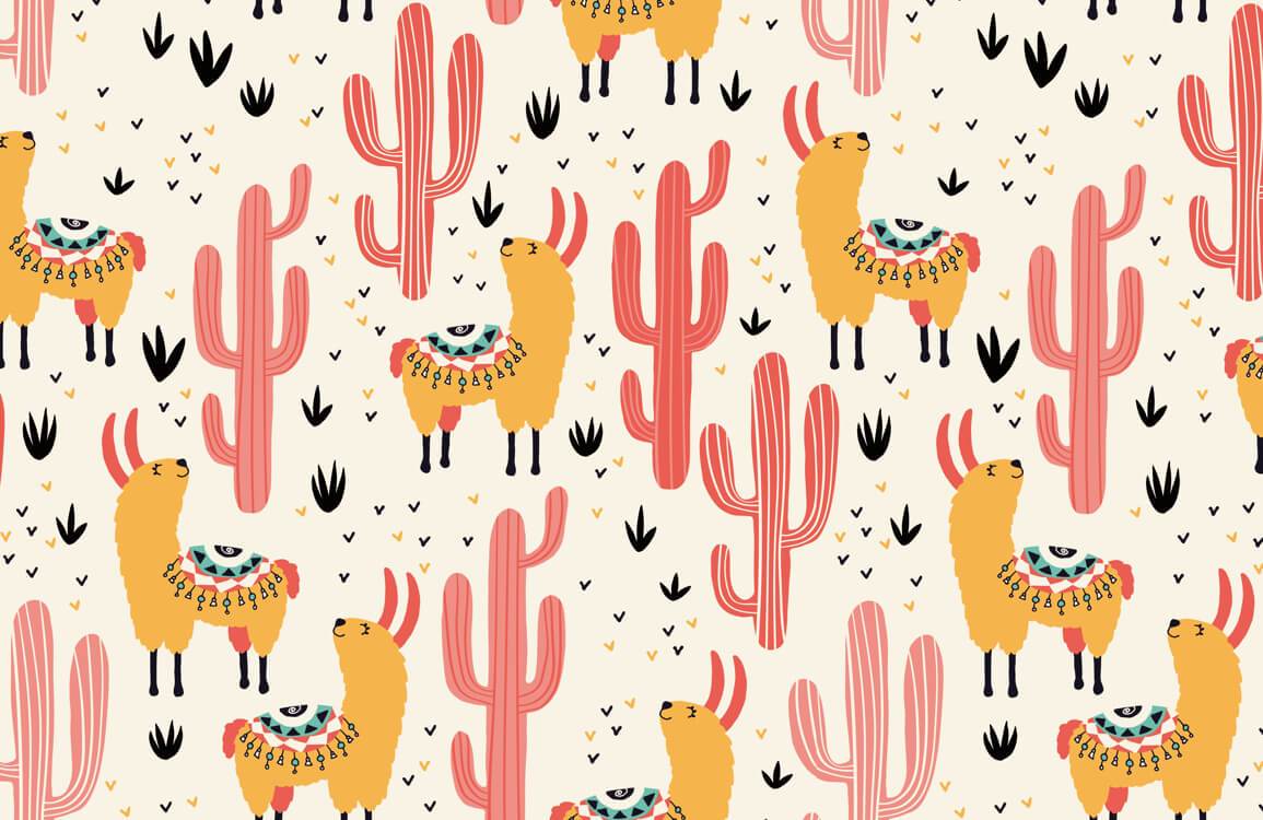 Whimsical Llama Cactus Kids Mural Wallpaper
