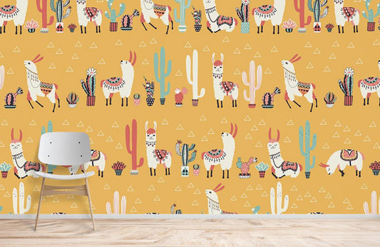 Wallpaper mural with a cool yellow exotic sheep and cactus design, perfect for decorating your home.