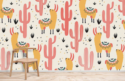 Wallpaper mural with a cool yellow exotic sheep and cactus design, perfect for decorating your home.