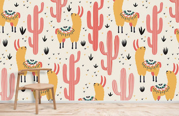 Whimsical Llama Cactus Kids Mural Wallpaper